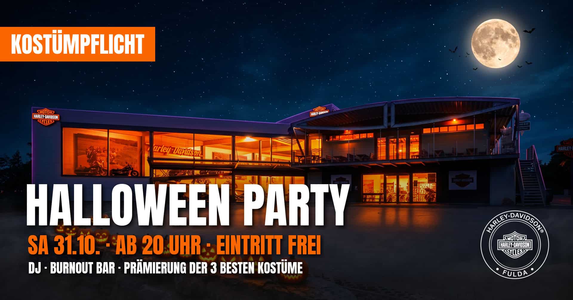 Halloween Party bei Harley-Davidson Fulda mit Kostümpflicht, DJ und Bar.